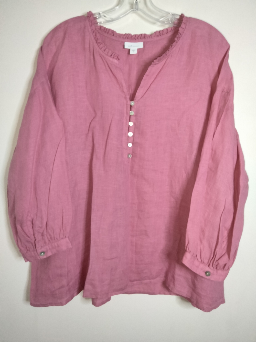 J. Jill -M- Rose Pink 100% Linen Half Button-Front 3/4 Puff Sleeve Tunic Blouse